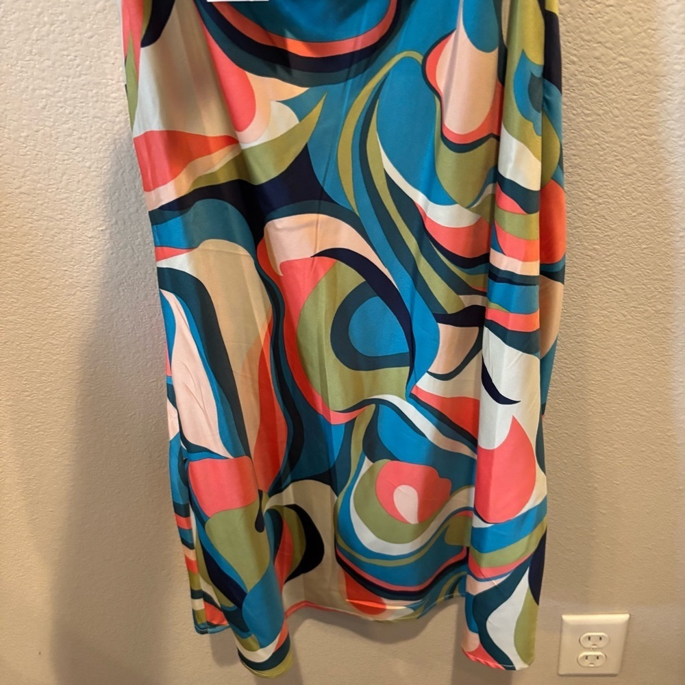NWT Allison & Kelly Satin Geo Print Spaghetti Strap Back Cut Out Slip Dress, XS - Picture 9 of 13